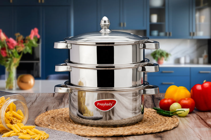 PrayLady Stainless Steel 3-Tier Steamer with Sandwich Bottom (20 cm / 22 cm / 24 cm)