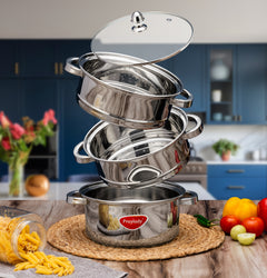 PrayLady Stainless Steel 3-Tier Steamer with Sandwich Bottom (20 cm / 22 cm / 24 cm)