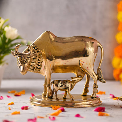 Brass Kamdhenu Cow with Calf Idol – Symbol of Abundance and Devotion (6.5 Inch)