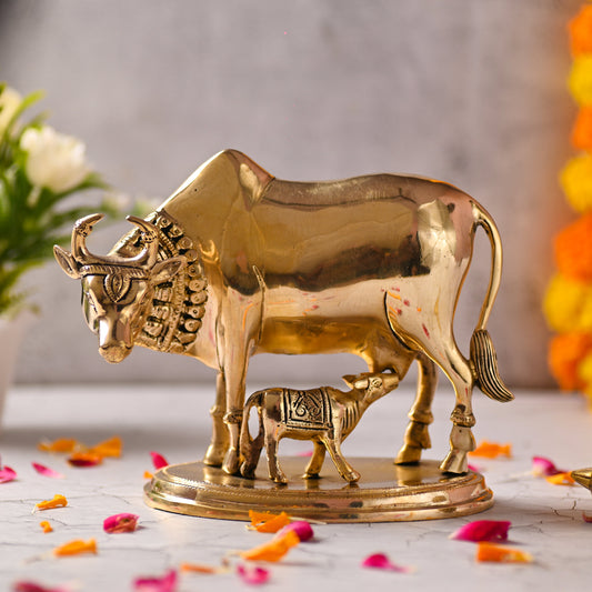 Brass Kamdhenu Cow with Calf Idol – Symbol of Abundance and Devotion (6.5 Inch)