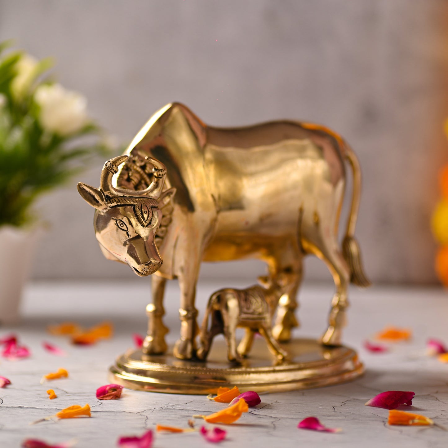 Brass Kamdhenu Cow with Calf Idol – Symbol of Abundance and Devotion (6.5 Inch)