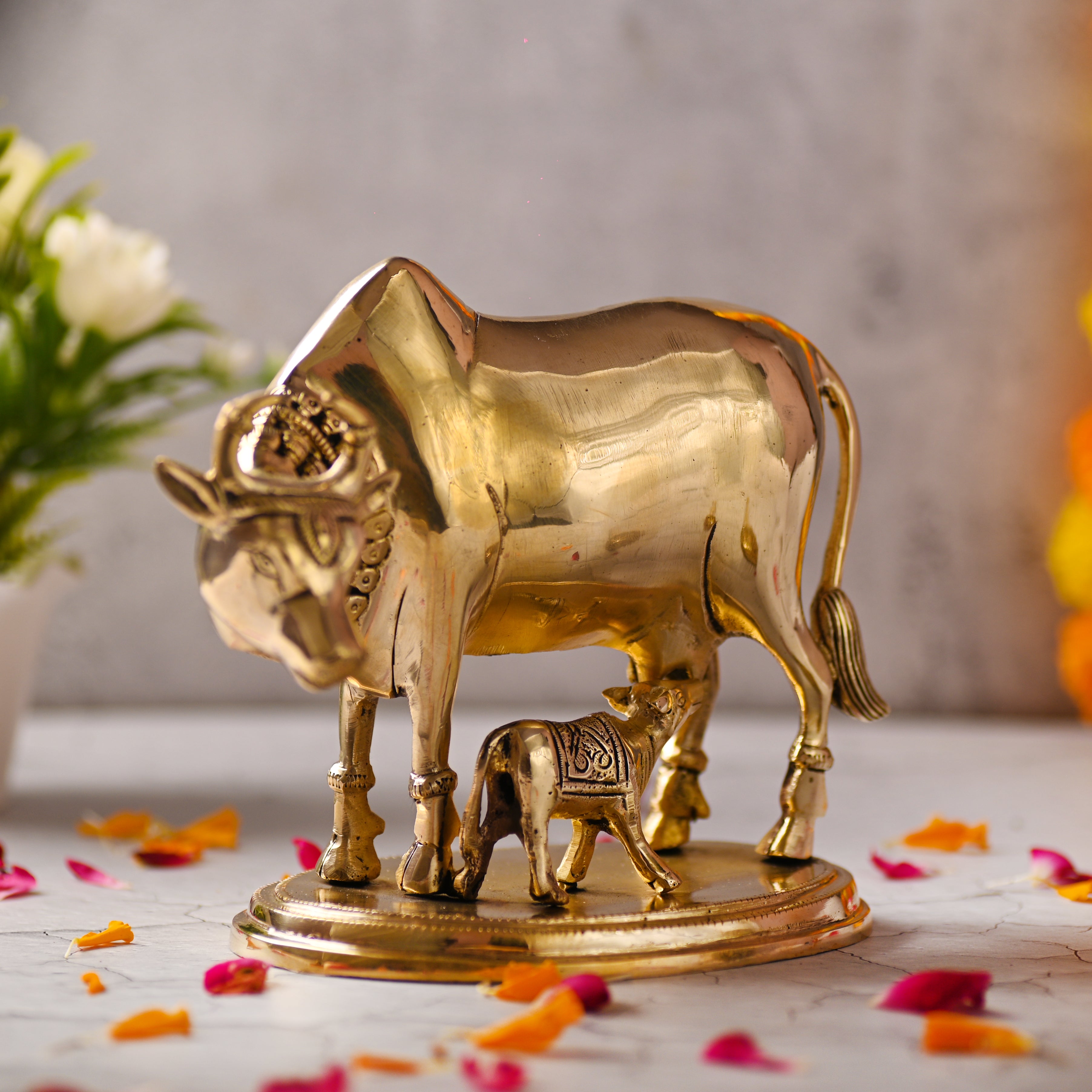 Brass Kamdhenu Cow with Calf Idol – Symbol of Abundance and Devotion (6.5 Inch)