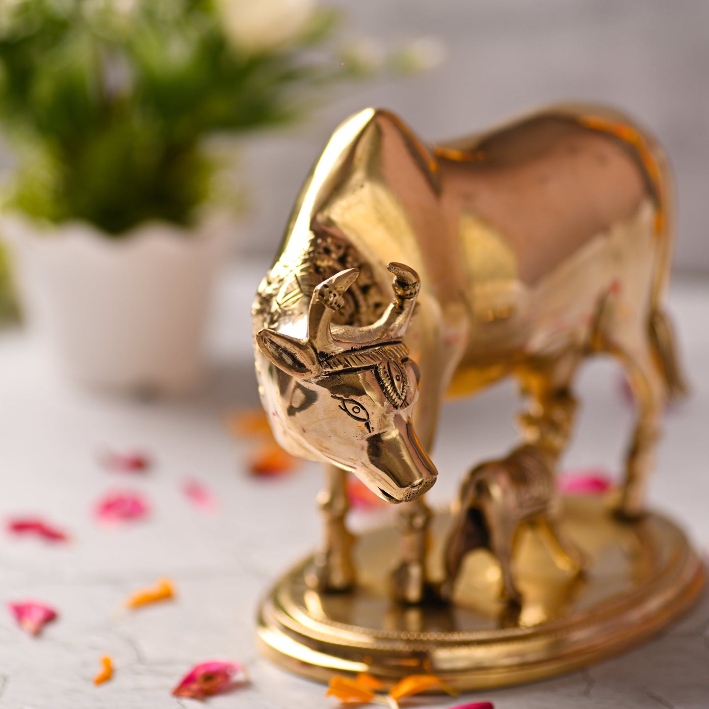 Brass Kamdhenu Cow with Calf Idol – Symbol of Abundance and Devotion (6.5 Inch)