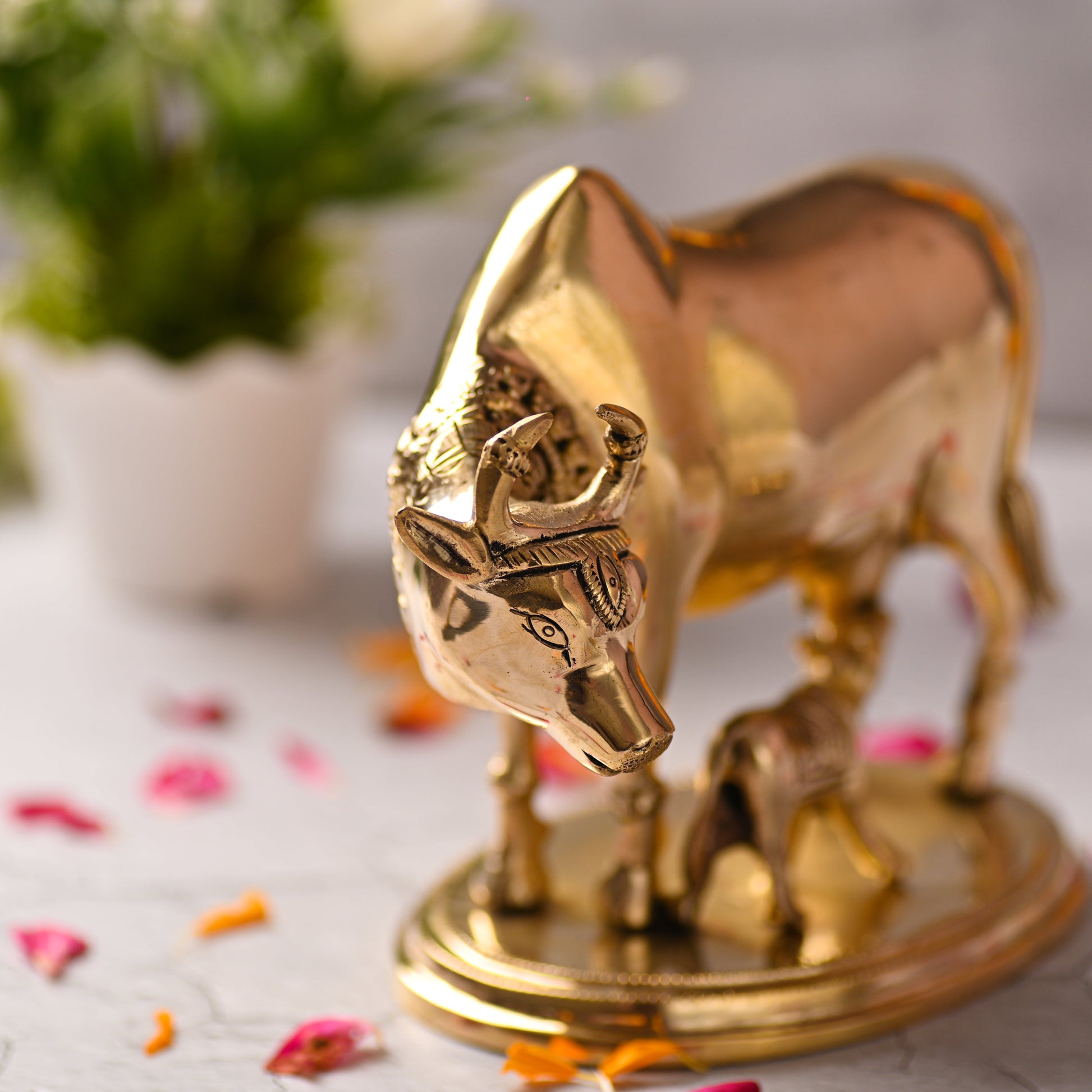 Brass Kamdhenu Cow with Calf Idol – Symbol of Abundance and Devotion (6.5 Inch)