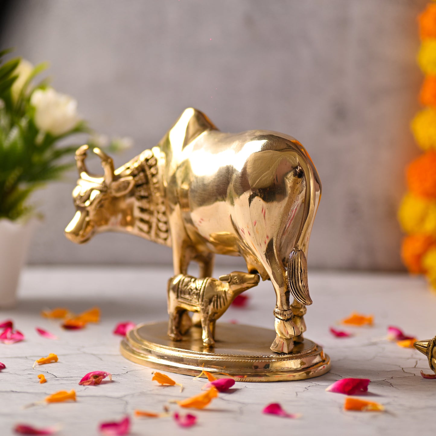 Brass Kamdhenu Cow with Calf Idol – Symbol of Abundance and Devotion (6.5 Inch)