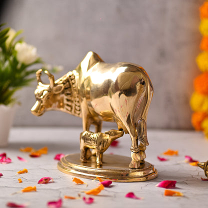 Brass Kamdhenu Cow with Calf Idol – Symbol of Abundance and Devotion (6.5 Inch)