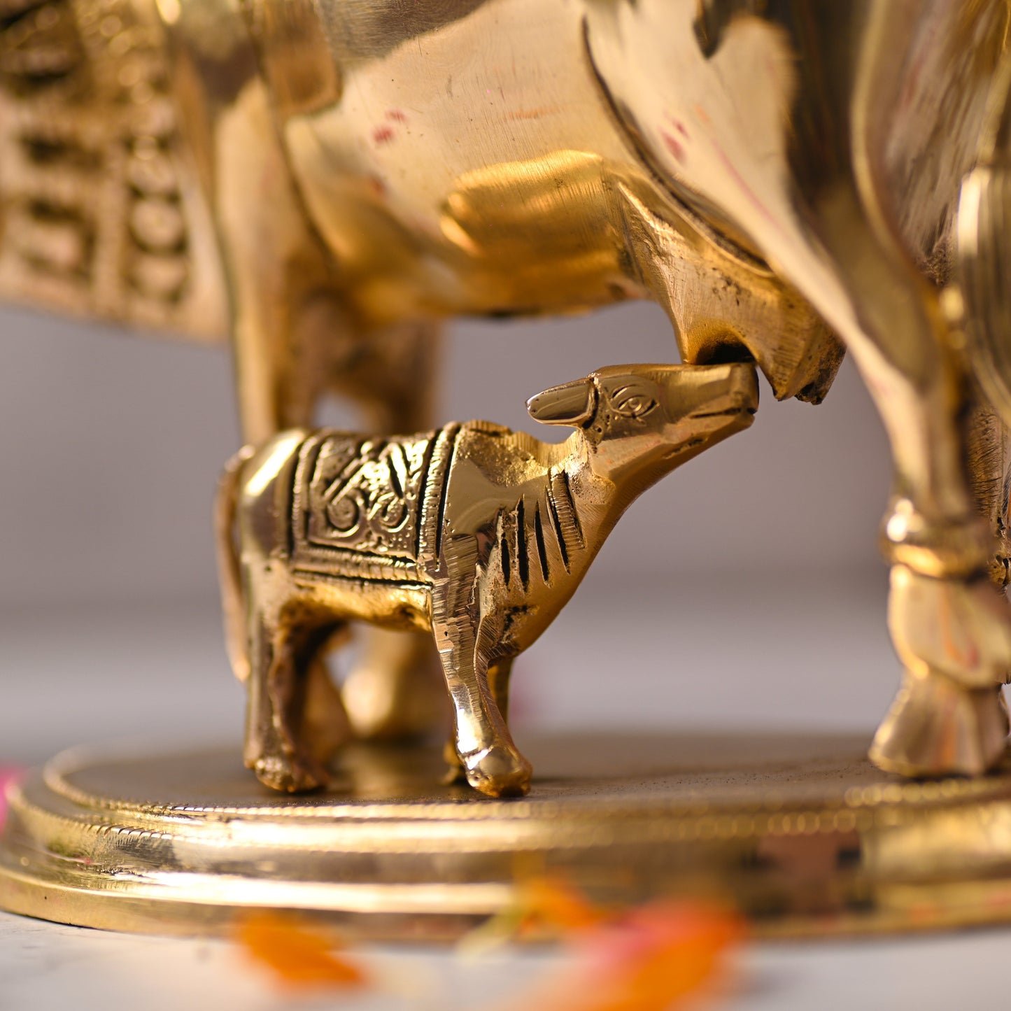 Brass Kamdhenu Cow with Calf Idol – Symbol of Abundance and Devotion (6.5 Inch)