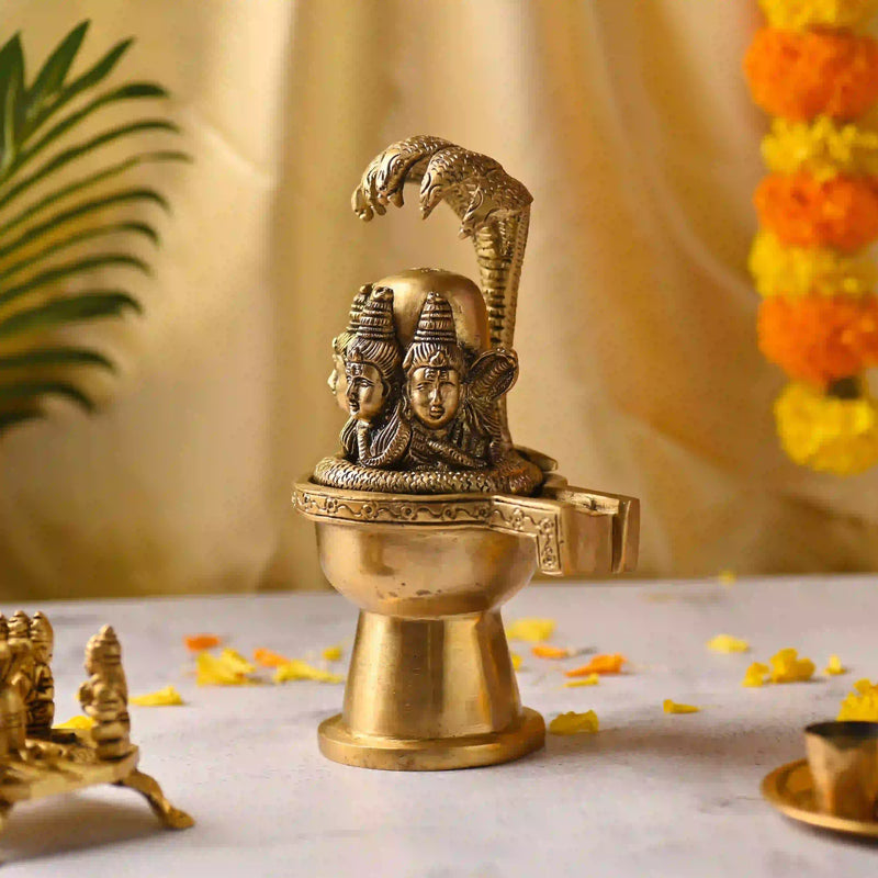 Brass Lord Shiva Mukhalingam Idol with Naga Canopy (8.2 Inch)
