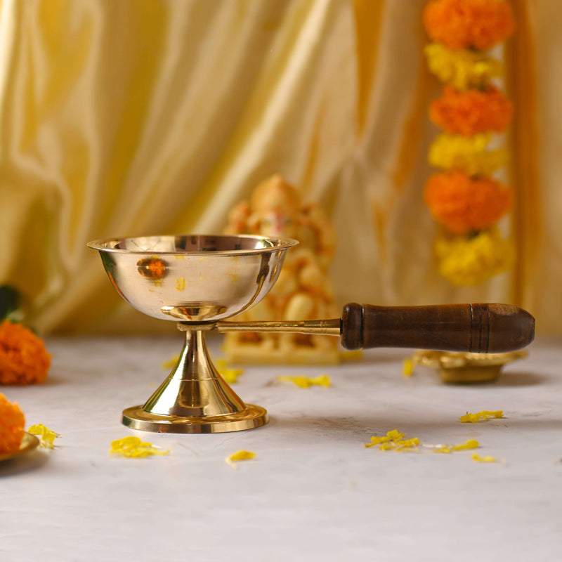 Brass Dhoop Aarti with Wooden Handle – Traditional Handmade Brassware