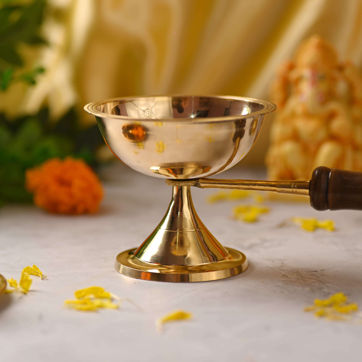 Brass Dhoop Aarti with Wooden Handle – Traditional Handmade Brassware