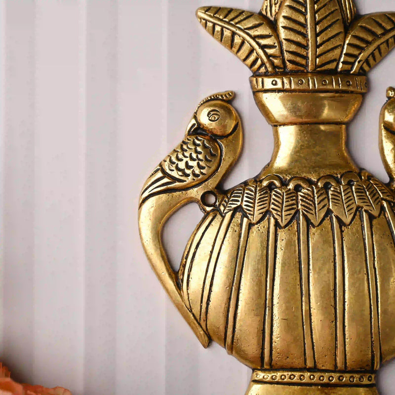 Brass Decor Peacock Wall Hanging Kalash (8 Inch)