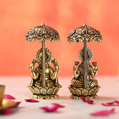 Brass Sitting On Lotus Ganesha And Lakshmi Lightweight Idols Set With Umbrella (4.5 Inch)