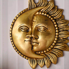 Brass Sun With Moon Wall Hanging – Handmade Premium Brass Decor (6.4 Inch)