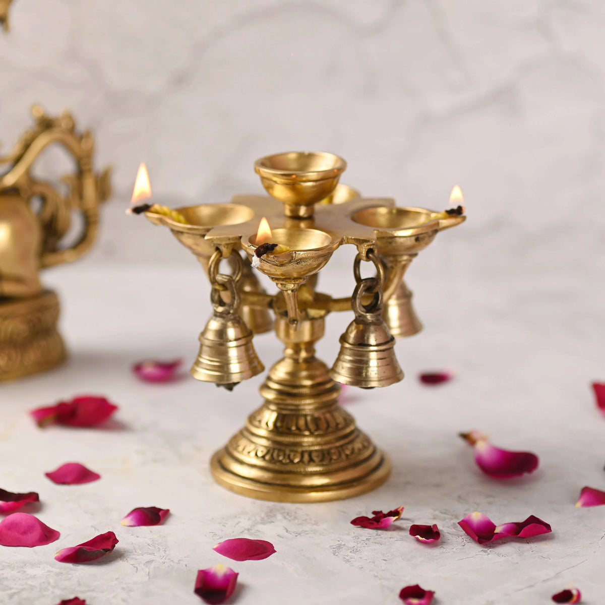 Brass Four Petal Diya With Hanging Bell (5 Inch)