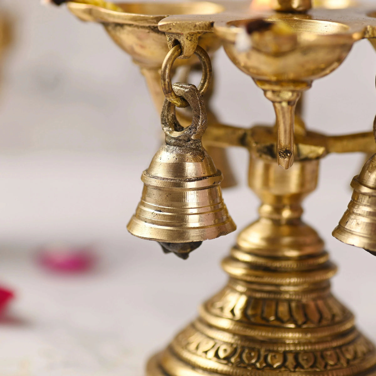 Brass Four Petal Diya With Hanging Bell (5 Inch)