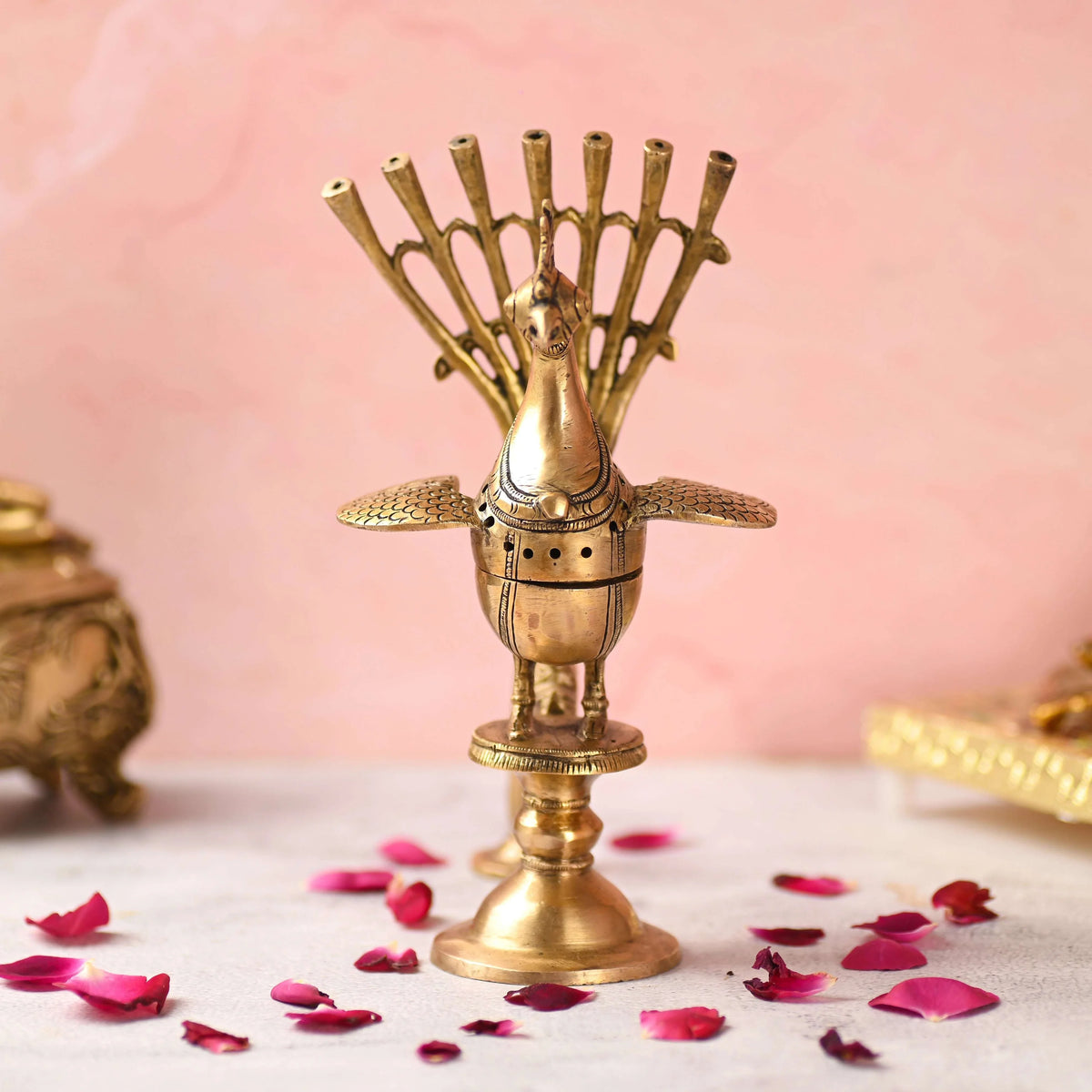 Brass Peacock Dhoop Dani & Incense Holder (8.5 Inch)