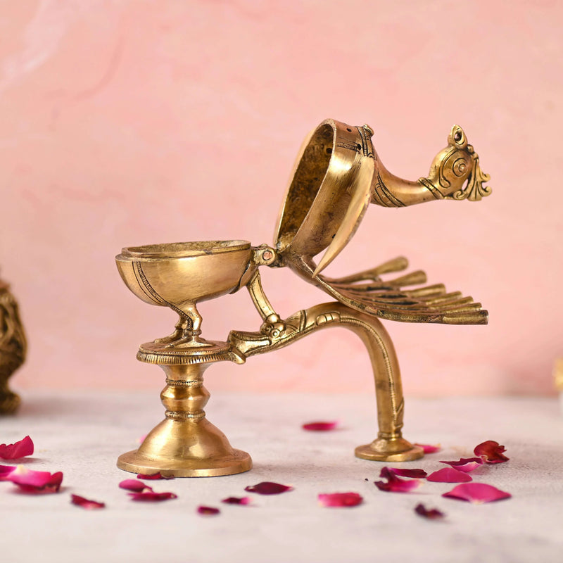 Brass Peacock Dhoop Dani & Incense Holder (8.5 Inch)