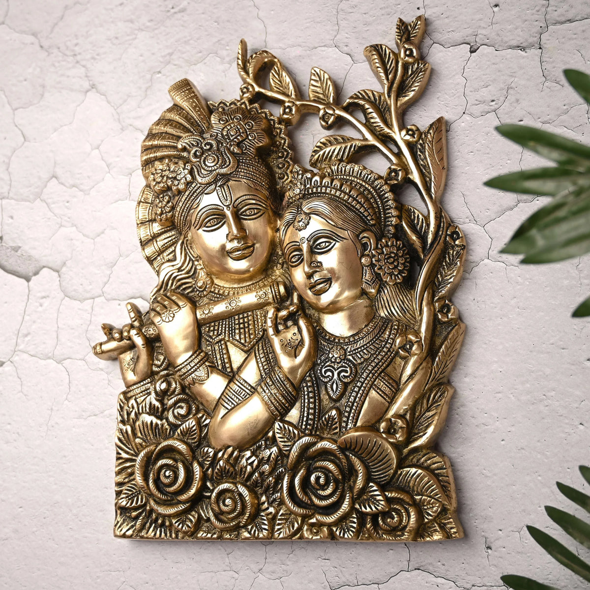 Brass Radha Krishna Idol Wall Hanging (14 Inch)