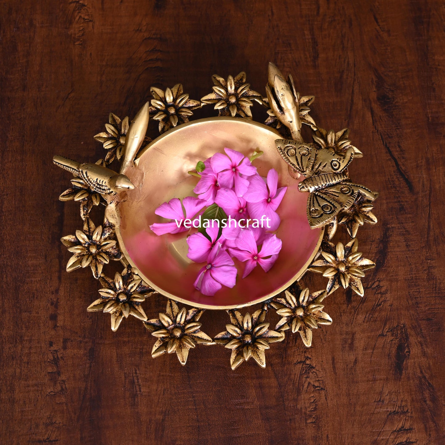 Brass Designer Flower And Butterfly Urli (3 Inch)