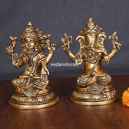 Brass Ganesha And Lakshmi Idols (6.8 Inch)