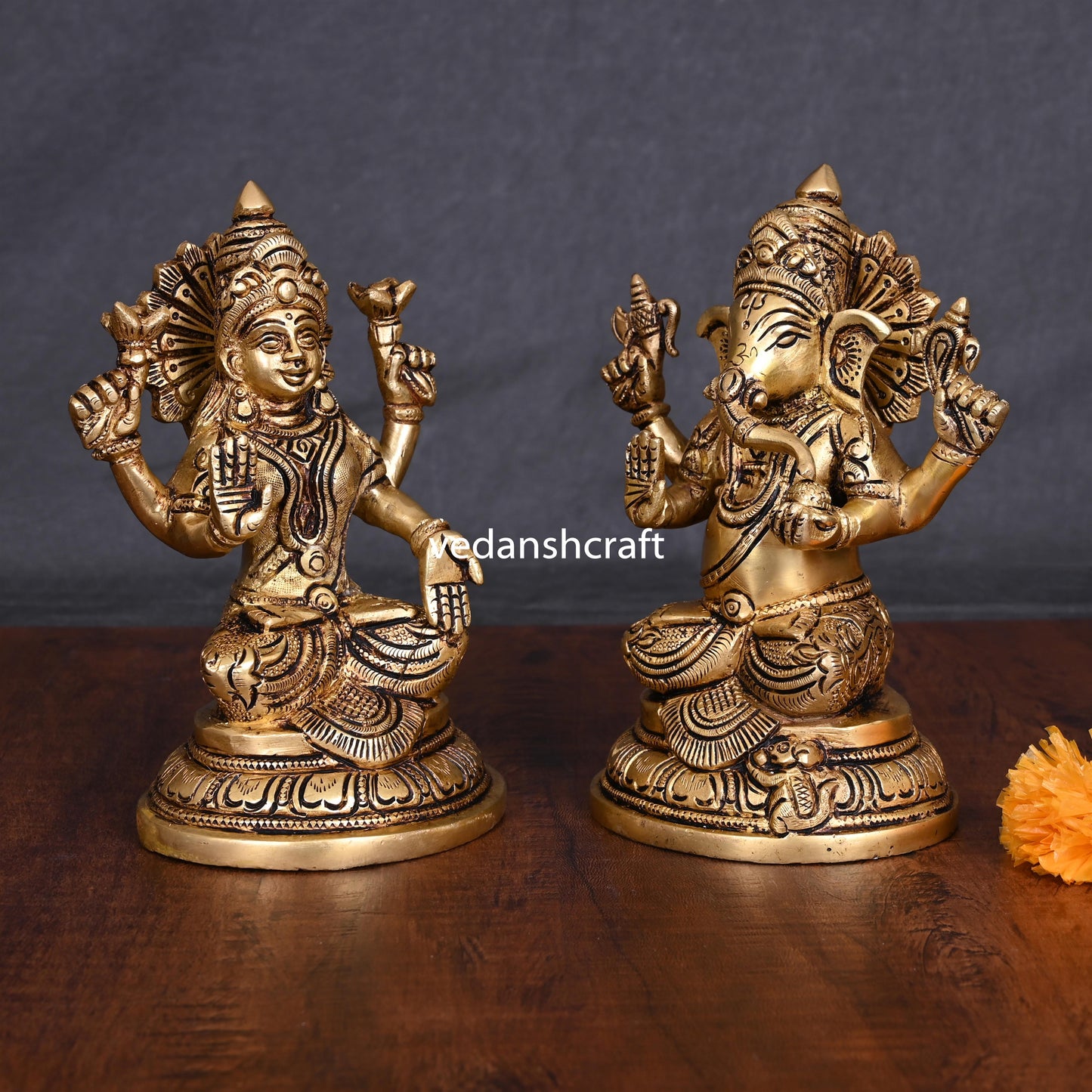 Brass Ganesha And Lakshmi Idols (6.8 Inch)