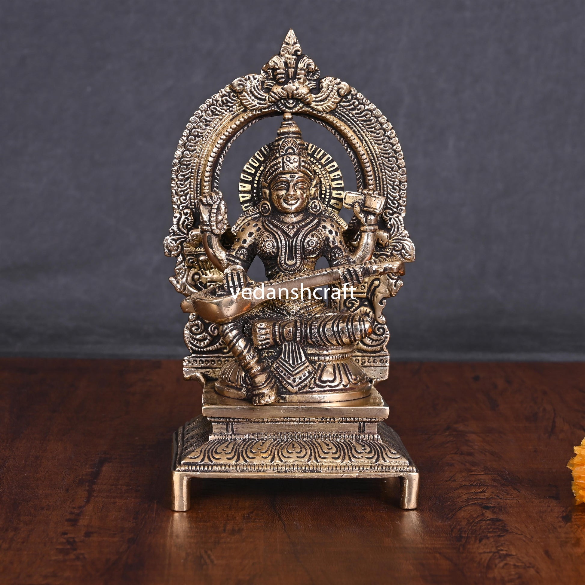 Brass Saraswati On Throne Idol (7.5 Inch)