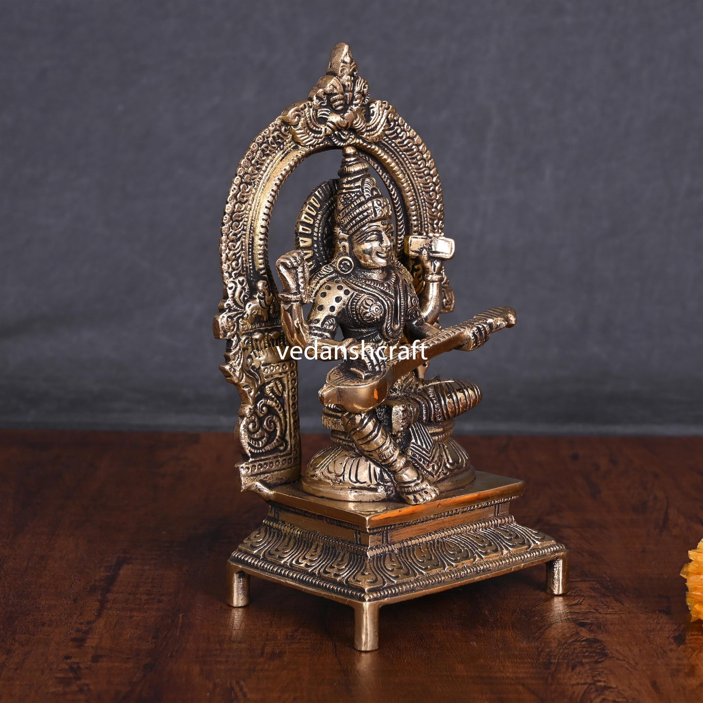 Brass Saraswati On Throne Idol (7.5 Inch)