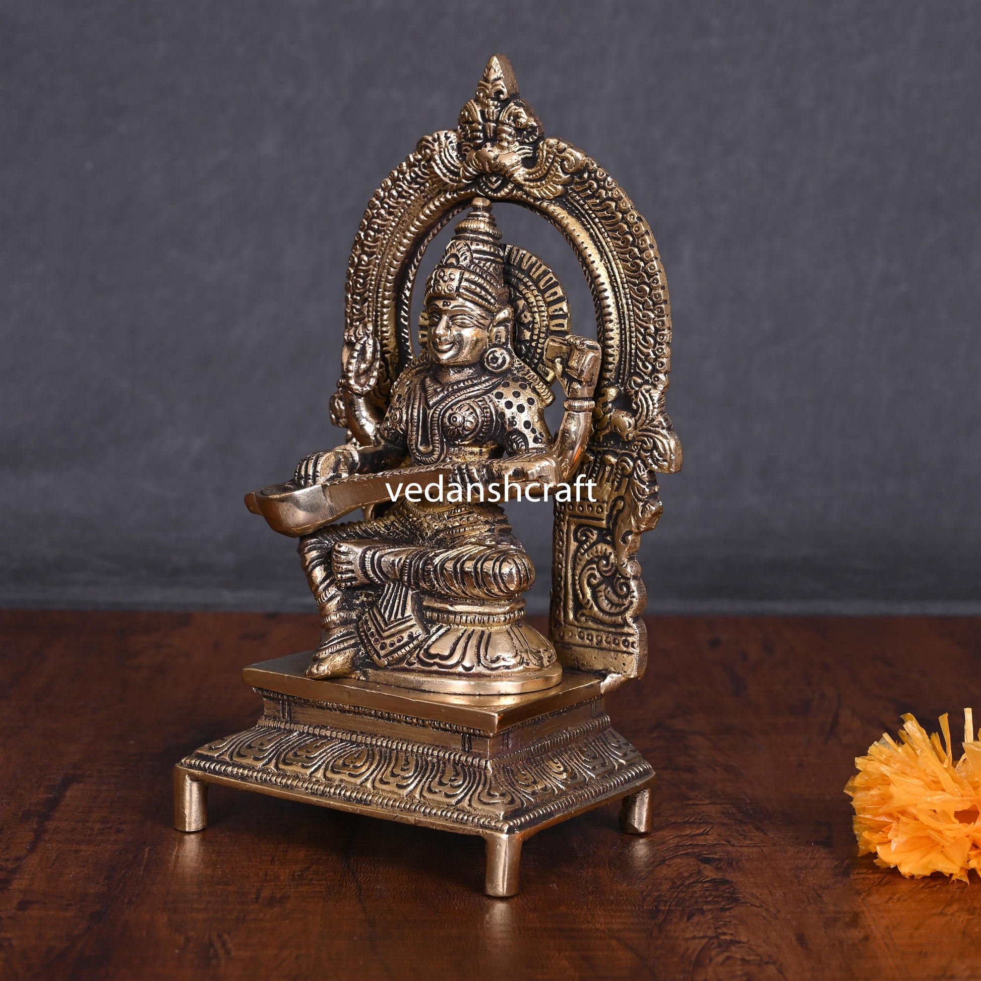 Brass Saraswati On Throne Idol (7.5 Inch)