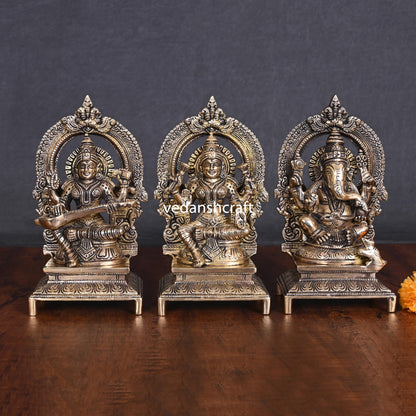 Brass Lakshmi, Ganesha, And Saraswati On Throne Set (7.5 Inch)