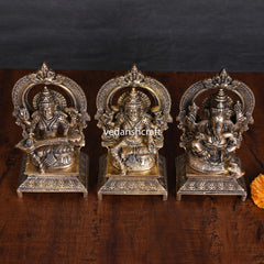 Brass Lakshmi, Ganesha, And Saraswati On Throne Set (7.5 Inch)