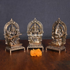 Brass Lakshmi, Ganesha, And Saraswati On Throne Set (7.5 Inch)