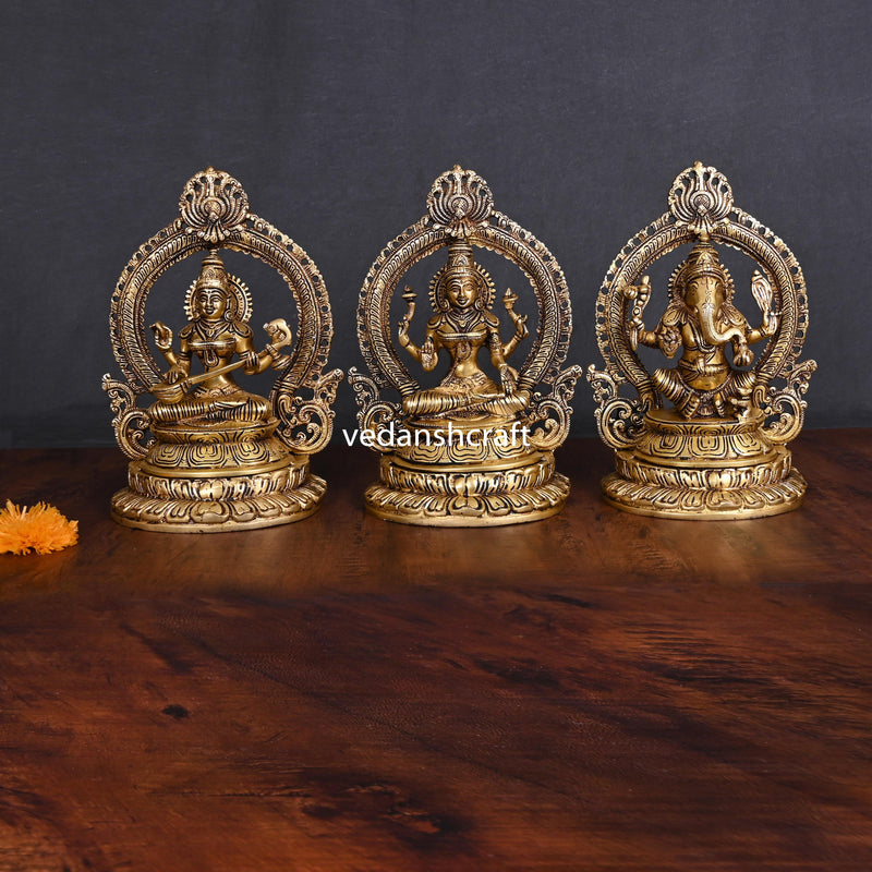 Brass Sitting Ganesha Lakshmi Saraswati Set (11.2")