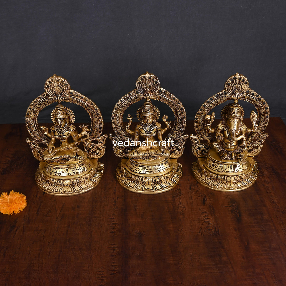 Brass Sitting Ganesha Lakshmi Saraswati Set (11.2")