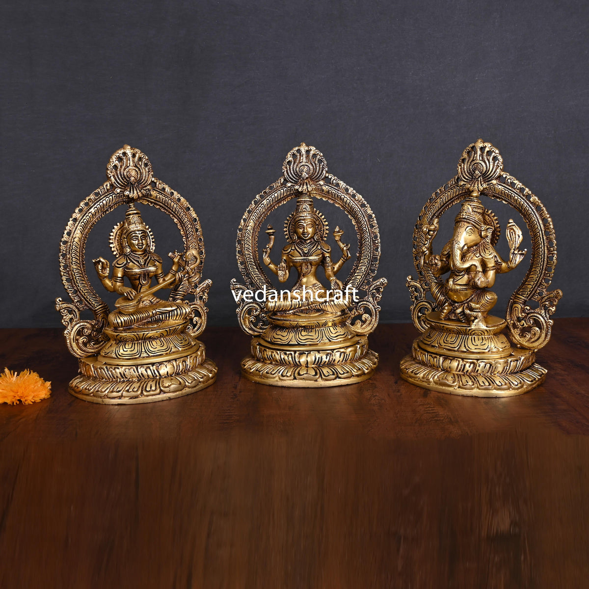 Brass Sitting Ganesha Lakshmi Saraswati Set (11.2")