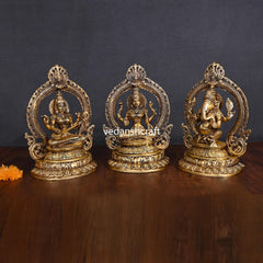 Brass Sitting Ganesha Lakshmi Saraswati Set (11.2")
