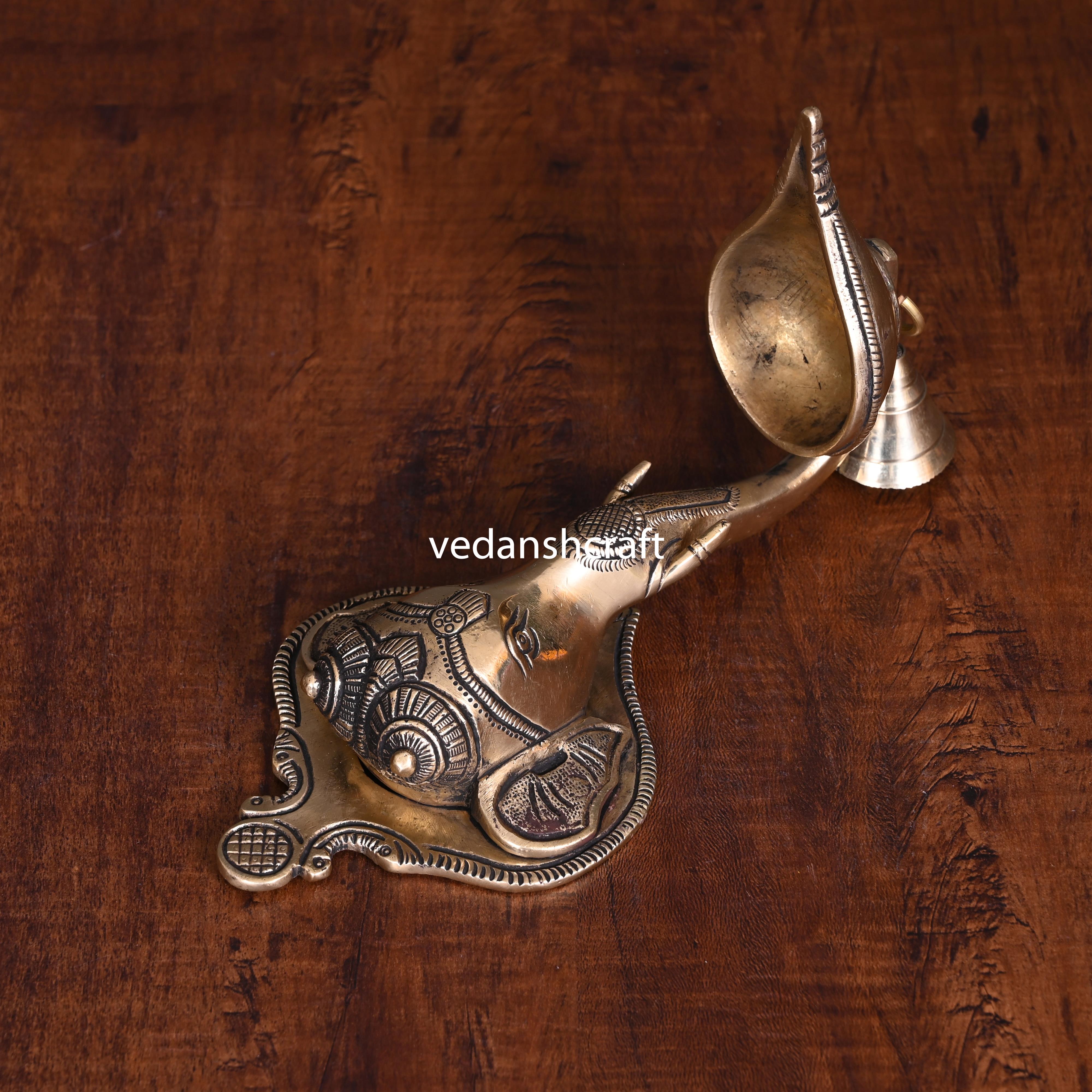 Brass Ganesha Face With Diya & Bell Wall Hanging (10 Inch)