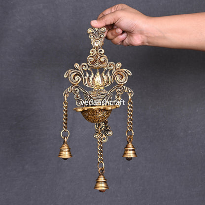 Brass Wall Hanging Lotus Diya With Bell (12.5 Inch)