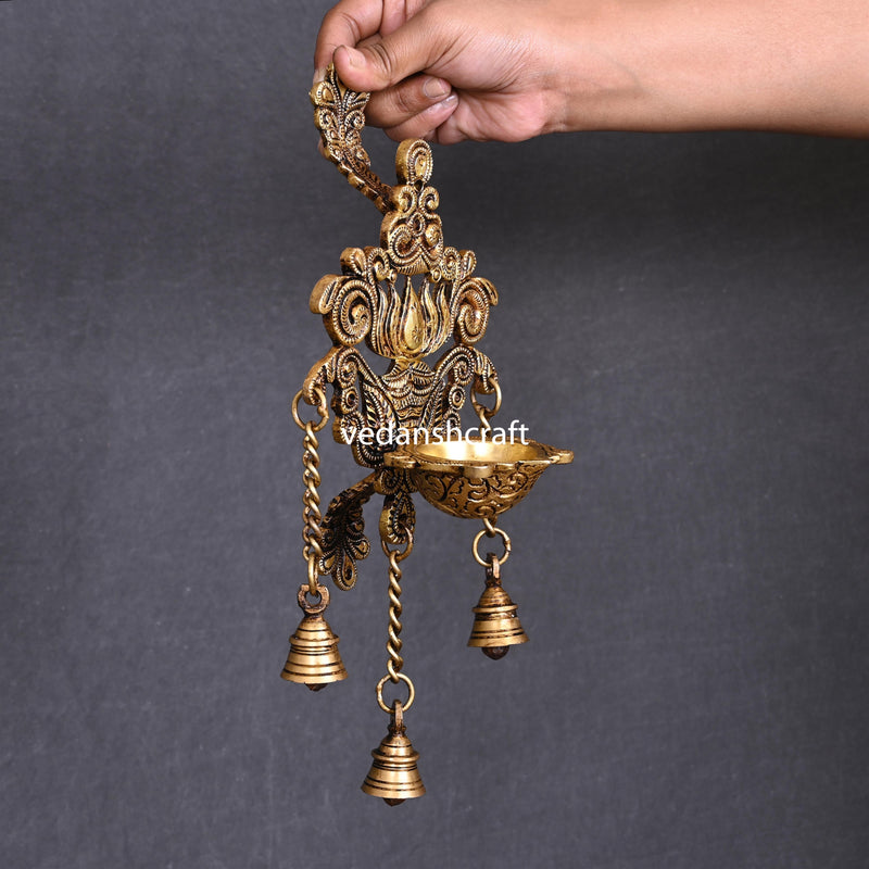 Brass Wall Hanging Lotus Diya With Bell (12.5 Inch)