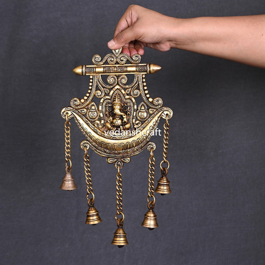 Brass Wall Hanging Ganesha In Frame With Five Bells (13 Inch)