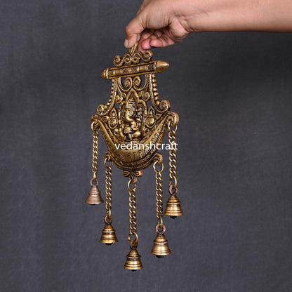 Brass Wall Hanging Ganesha In Frame With Five Bells (13 Inch)