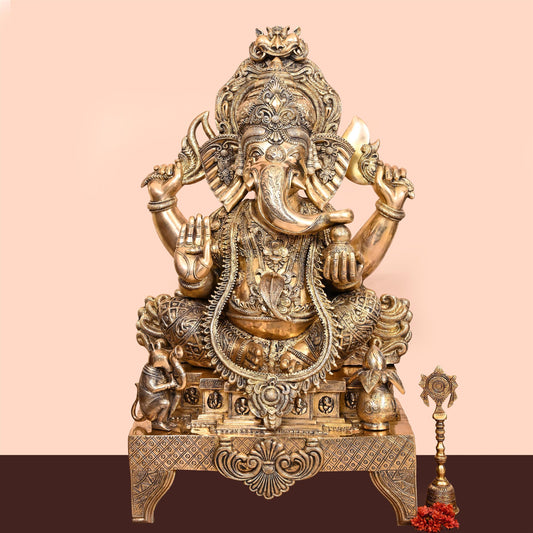 Brass Chowki Ganesha Statue (34 Inch)