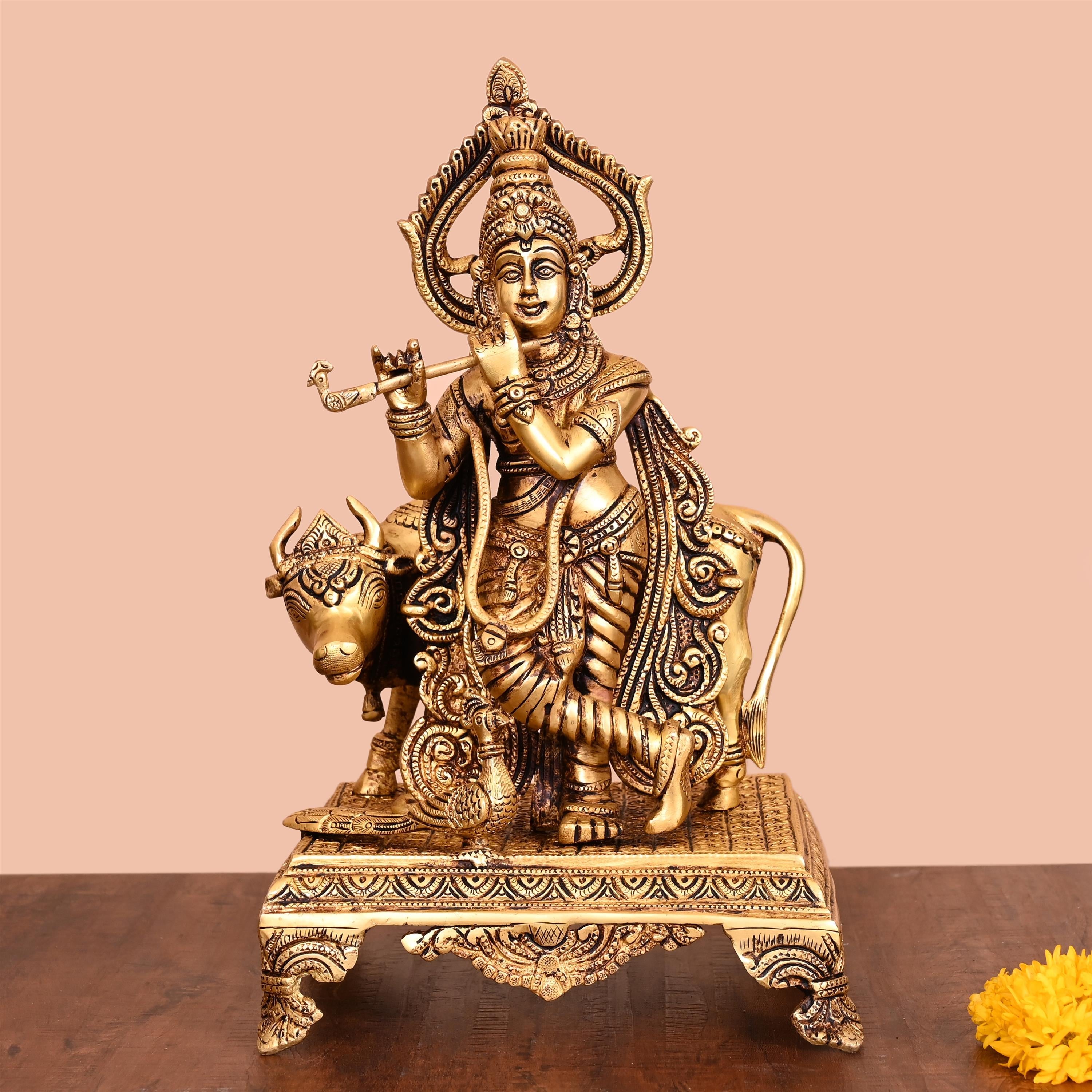 Brass Lord Krishna With Cow Idol (13.5 Inch)