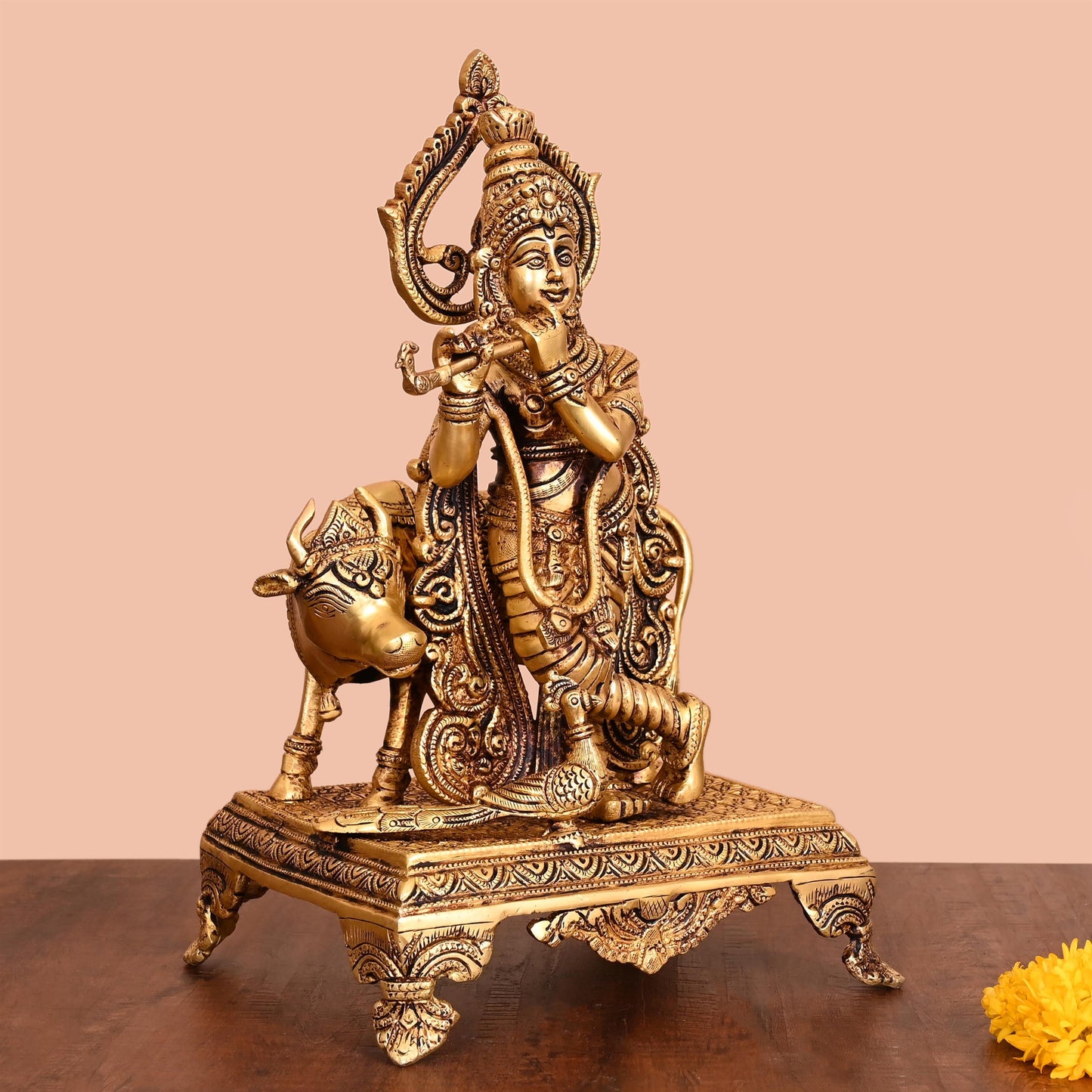 Brass Lord Krishna With Cow Idol (13.5 Inch)