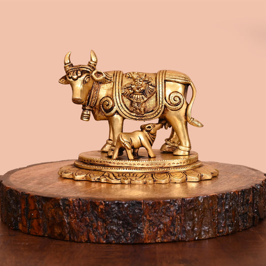 Brass Kamdhenu Cow With Calf Idol (4.5 Inch)