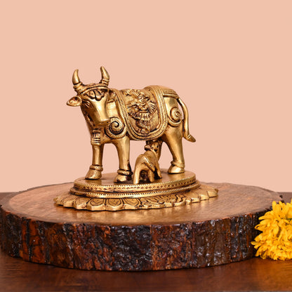 Brass Kamdhenu Cow With Calf Idol (4.5 Inch)
