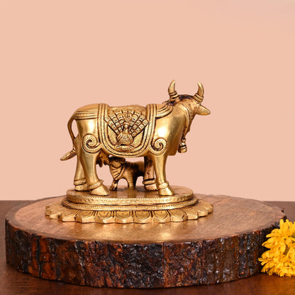 Brass Kamdhenu Cow With Calf Idol (4.5 Inch)