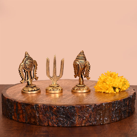 Brass Shankh Chakra And Namah Decor Set (3 Inch)