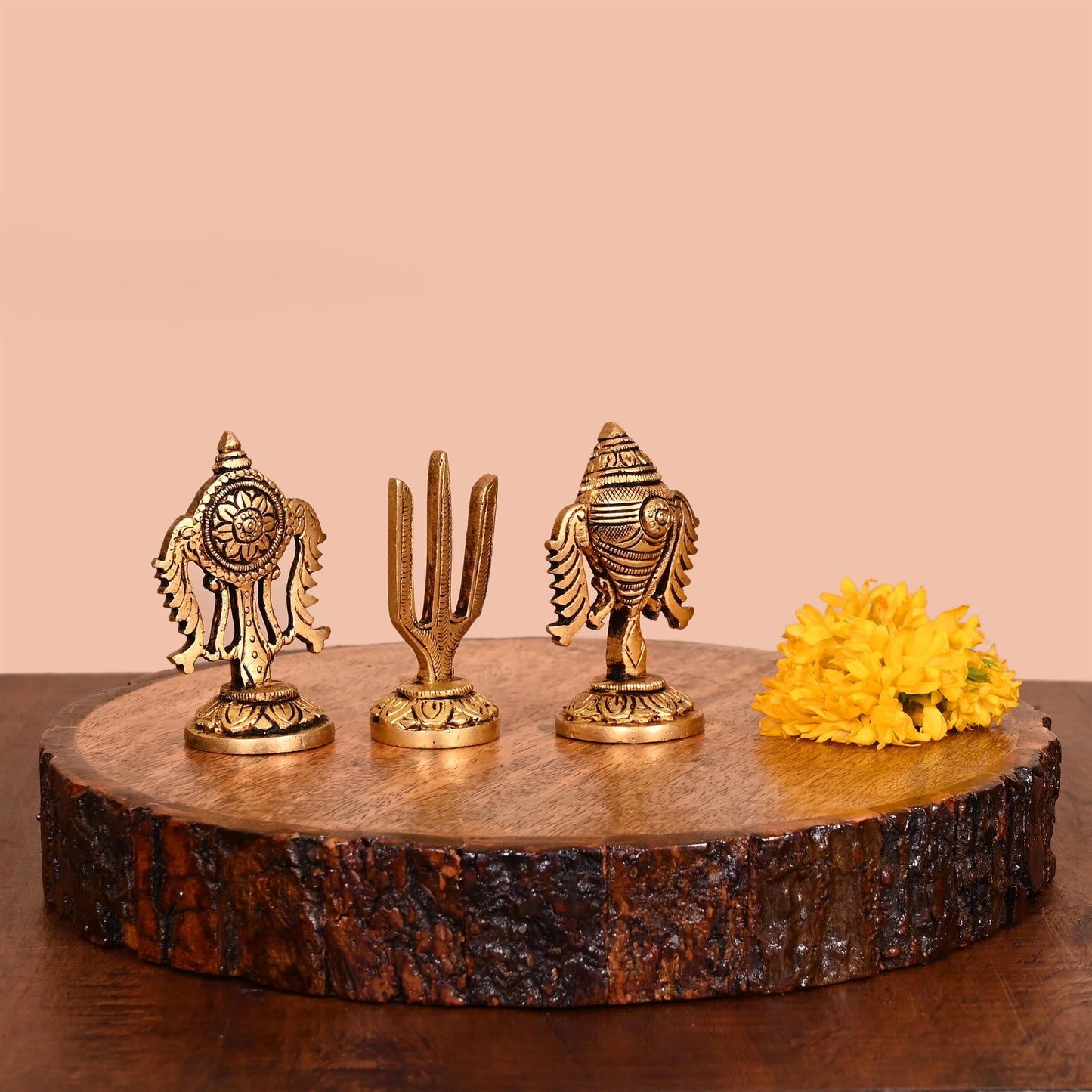 Brass Shankh Chakra And Namah Decor Set (3 Inch)