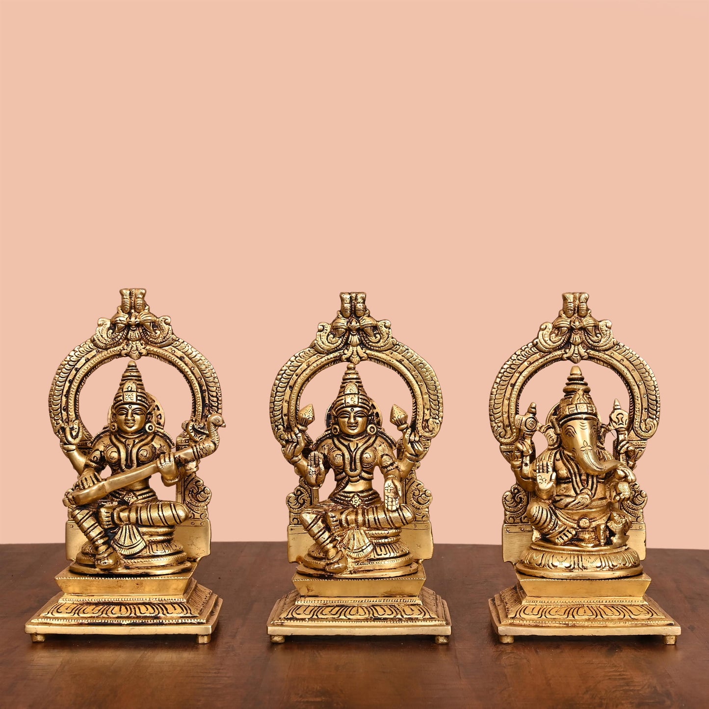 Brass Lakshmi, Ganesha, And Saraswati On Throne Set (8 Inch)