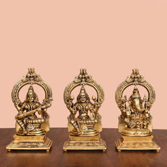 Brass Lakshmi, Ganesha, And Saraswati On Throne Set (8 Inch)